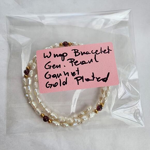 Wrap around bracelet genuine rice pearls white  Garnet gold beaded boho artisan - Picture 2 of 8